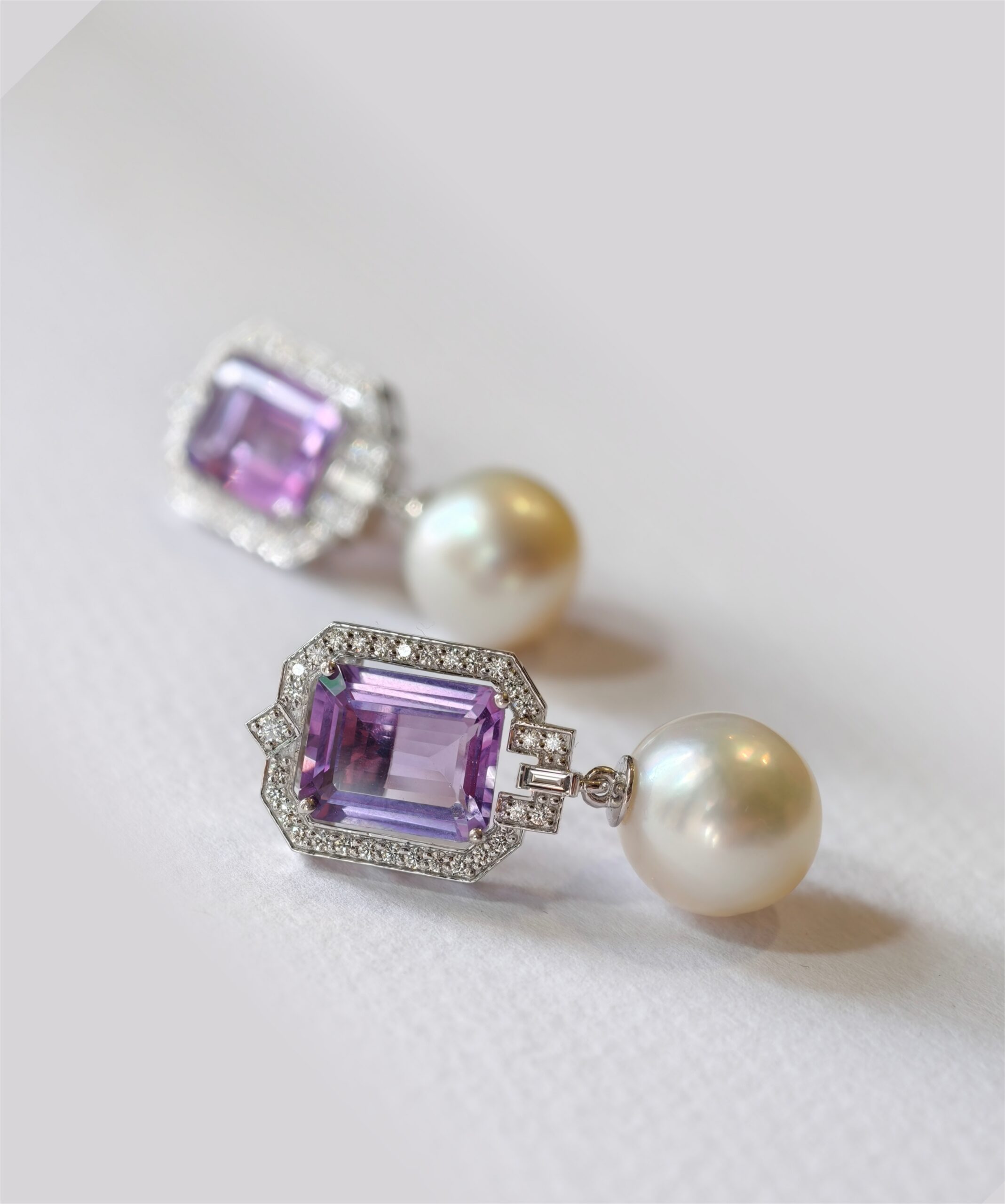 Art deco amethyst earrings with pearls in 18kt gold